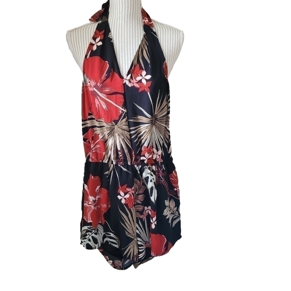 Dynamite | vneck halter romper one piece | small | black red hibiscus dress - Picture 5 of 15